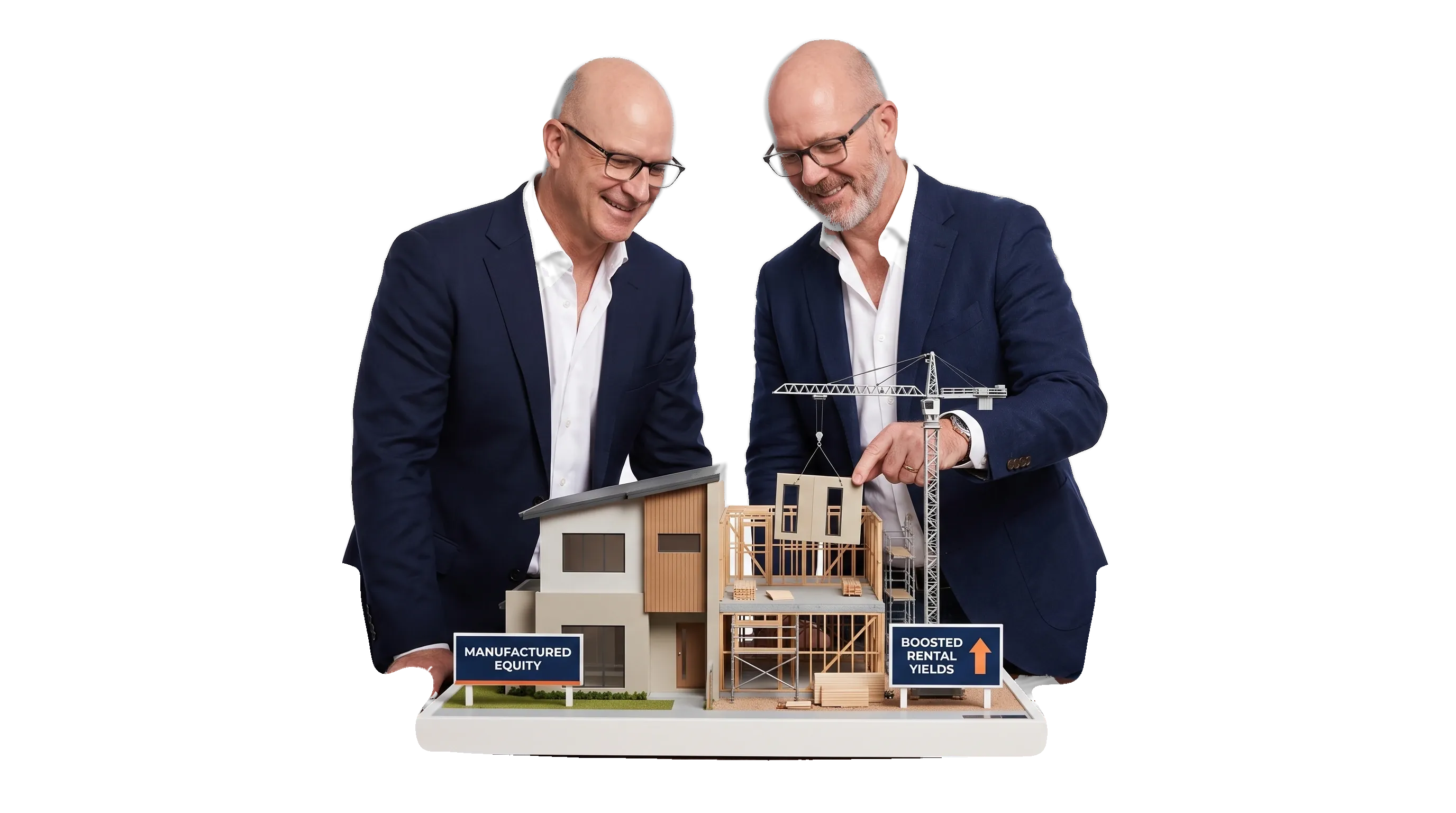 FracHaus directors Peter Balodis and Michael Fuller with a scale model of a townhouse under construction, illustrating manufactured equity and boosted rental yields