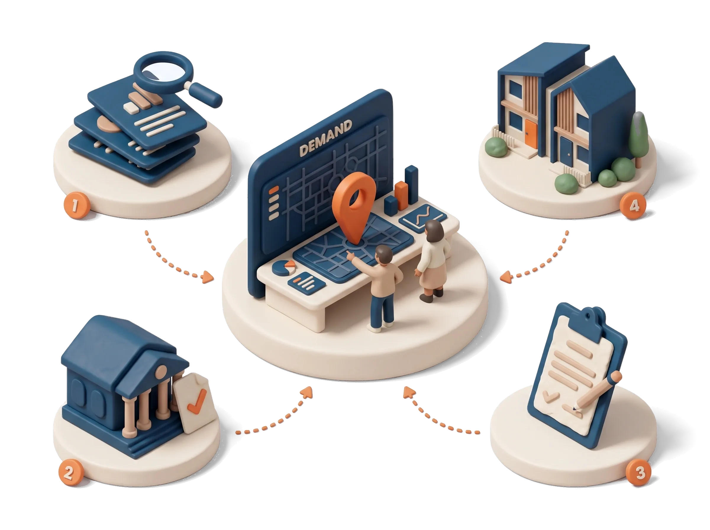 A data-led method emblem: a badge with a rising chart and a house beside a magnifying glass