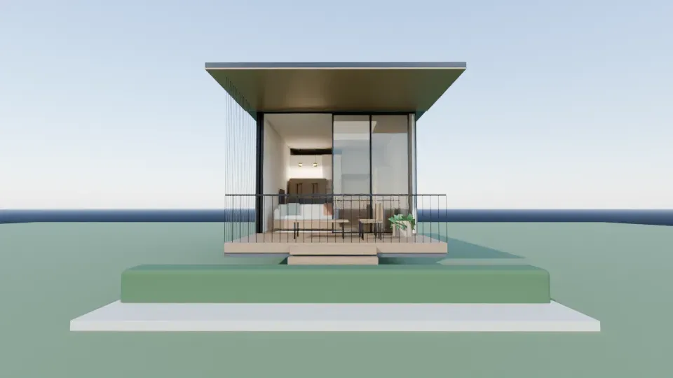 Early Blender render of the micro apartment exterior on a plain site, with the deck and glass doors facing the camera