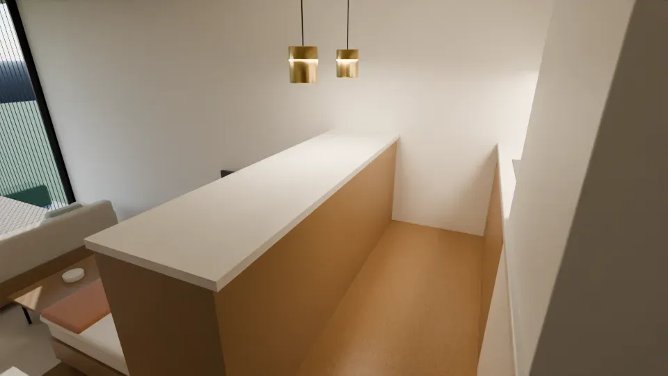 Early Blender render looking down from the kitchen platform, with pendant lights over the counter