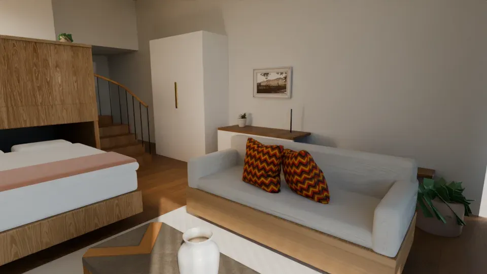 Blender render of the living area with oak floors, a pale sofa, and the bed rolled out in front of the kitchen platform