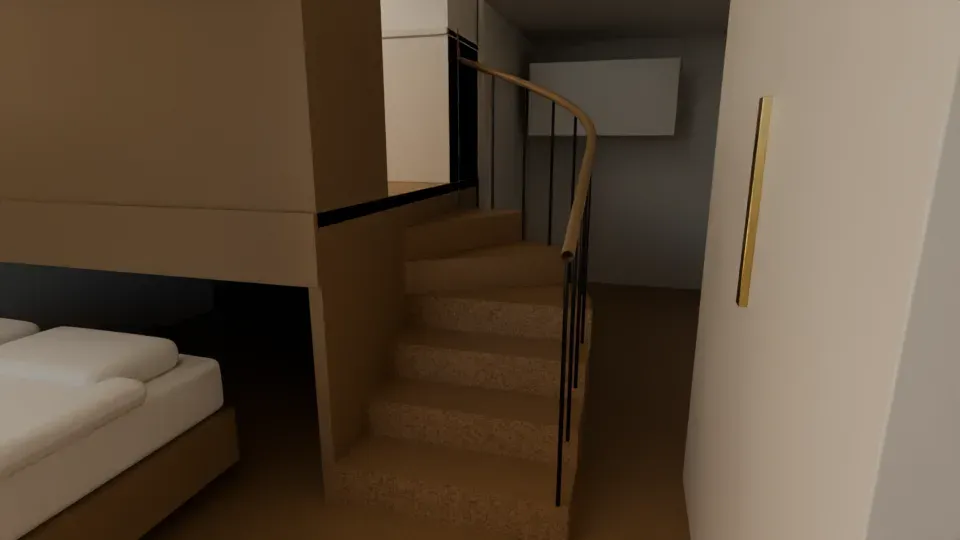 Blender render of the curved oak stair beside the bed stow under the kitchen platform