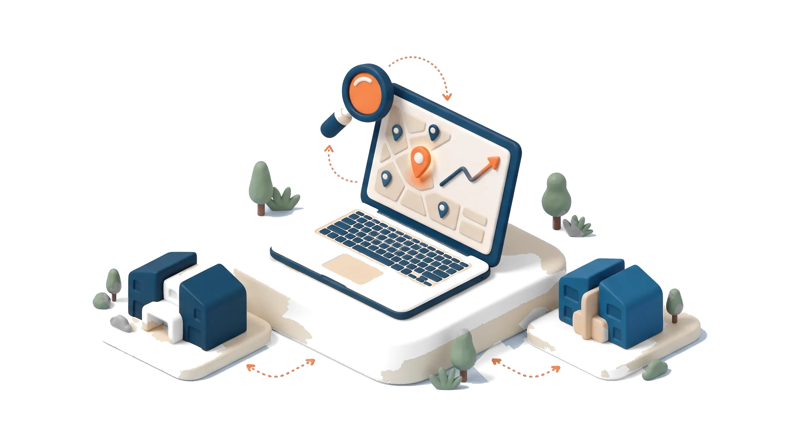 Isometric laptop showing an abstract suburb growth-score dashboard with map pins