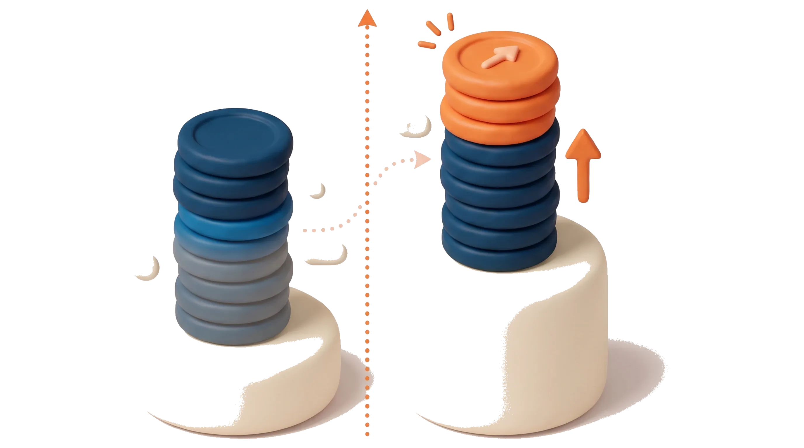 Two clay coin stacks on cream pedestals, one half-shaded for the old 50% CGT discount and one with an orange inflation arrow for the 2027 rules