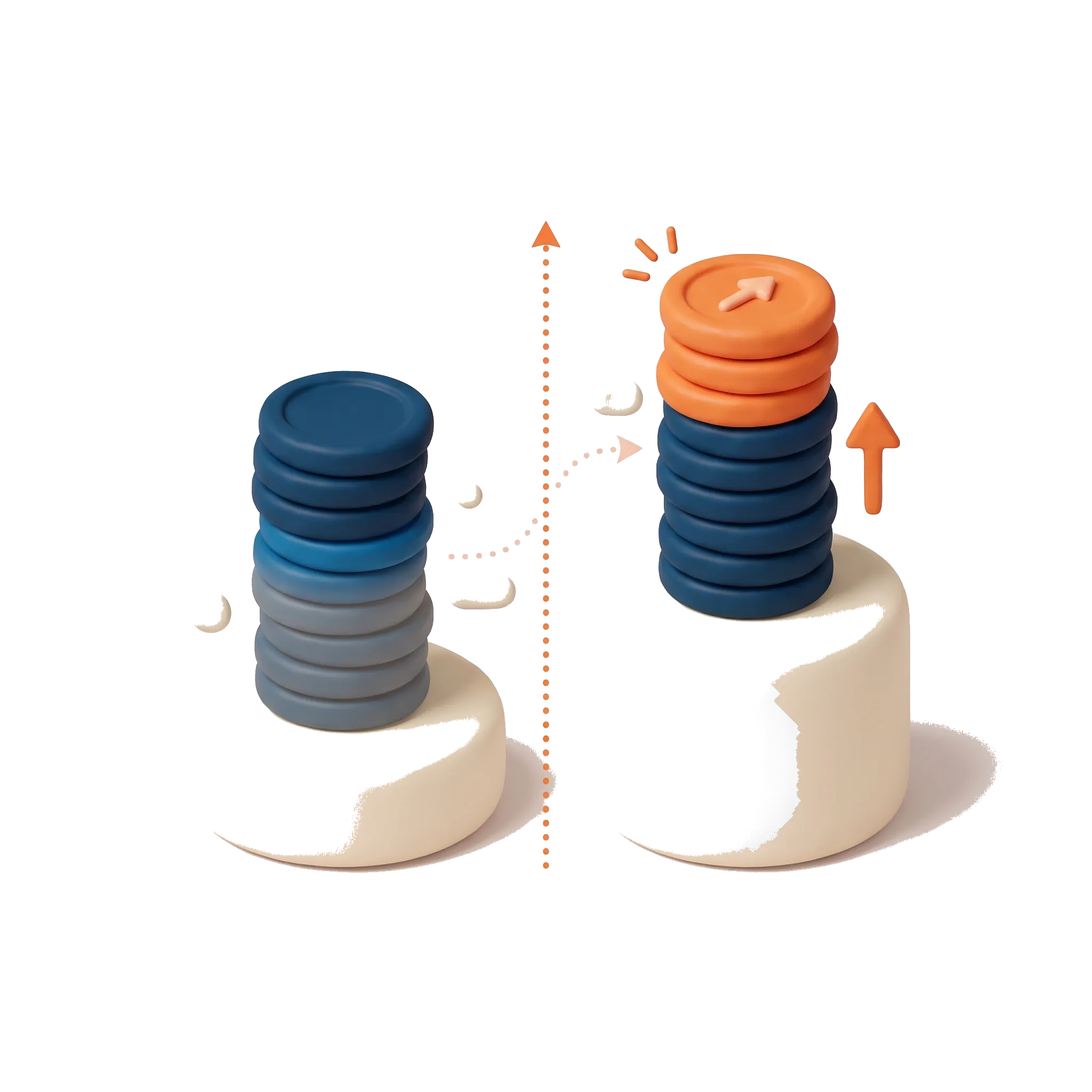 Two clay coin stacks on cream pedestals, one half-shaded for the old 50% CGT discount and one with an orange inflation arrow for the 2027 rules