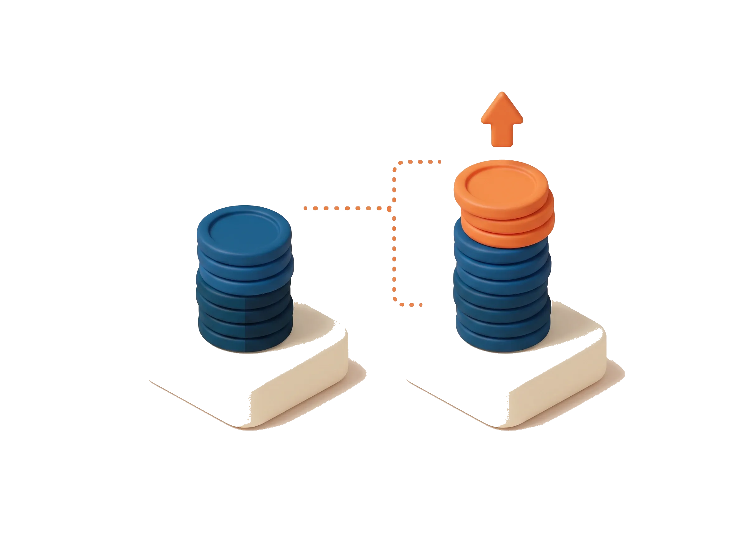 Old versus new capital gains tax on property shown as two clay coin stacks, a half-shaded discount stack beside an indexed stack with an orange top