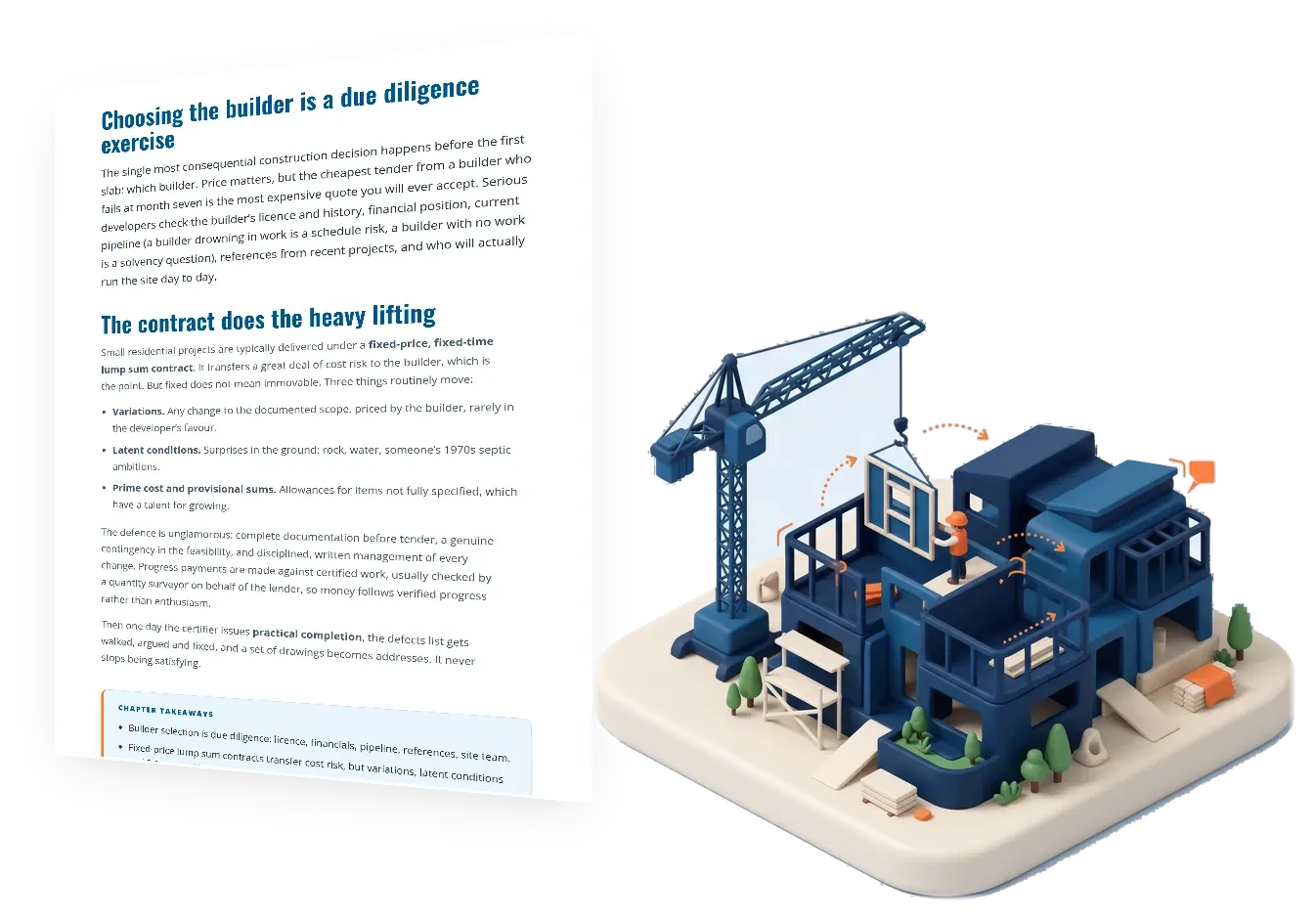 Chapter 7 of the FracHaus property development guide, construction, delivery and the fixed price building contract, shown as a page beside its illustration