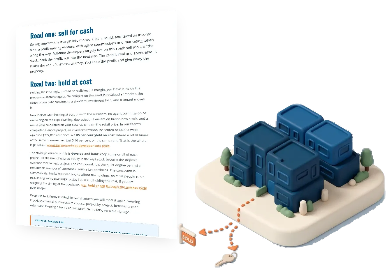 Chapter 8 of the FracHaus property development guide, develop and hold, or sell: the two roads from completion, shown as a page beside its illustration