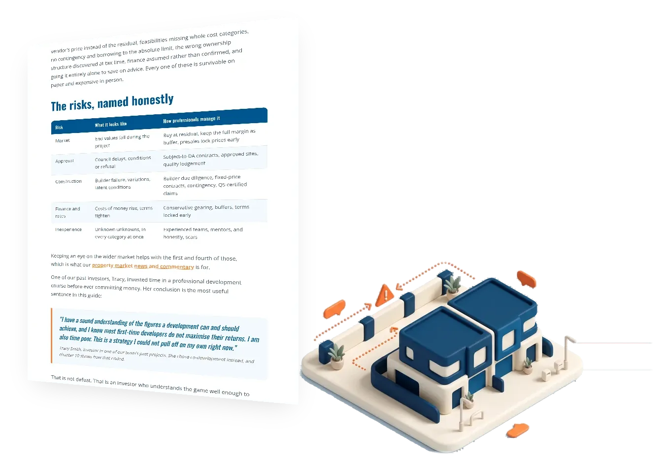 Chapter 9 of the FracHaus property development guide, property development risks: the hard truths, shown as a page beside its illustration