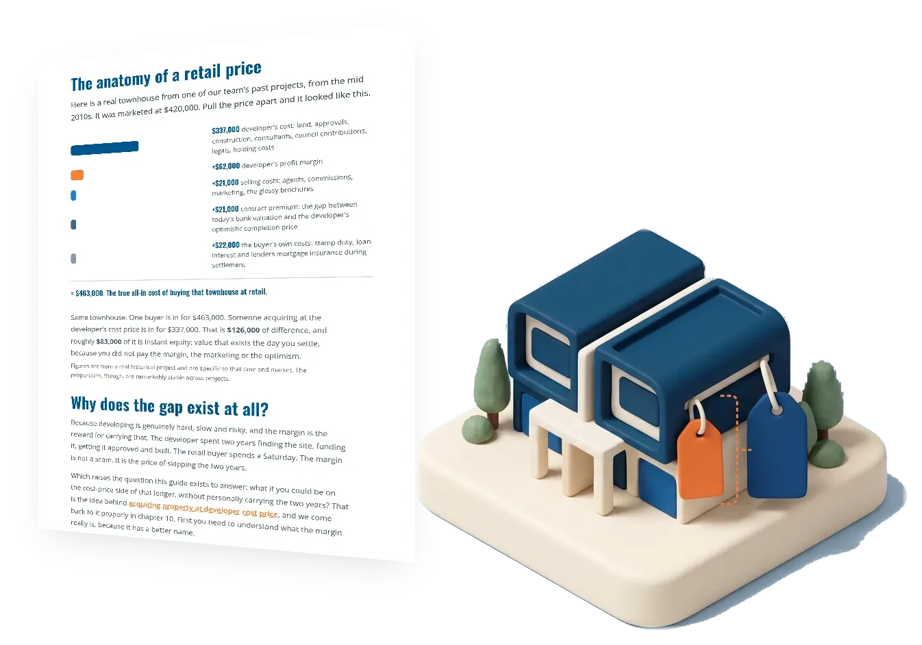 Chapter 1 of the FracHaus property development guide, developer cost price: every new property has two prices, shown as a page beside its illustration