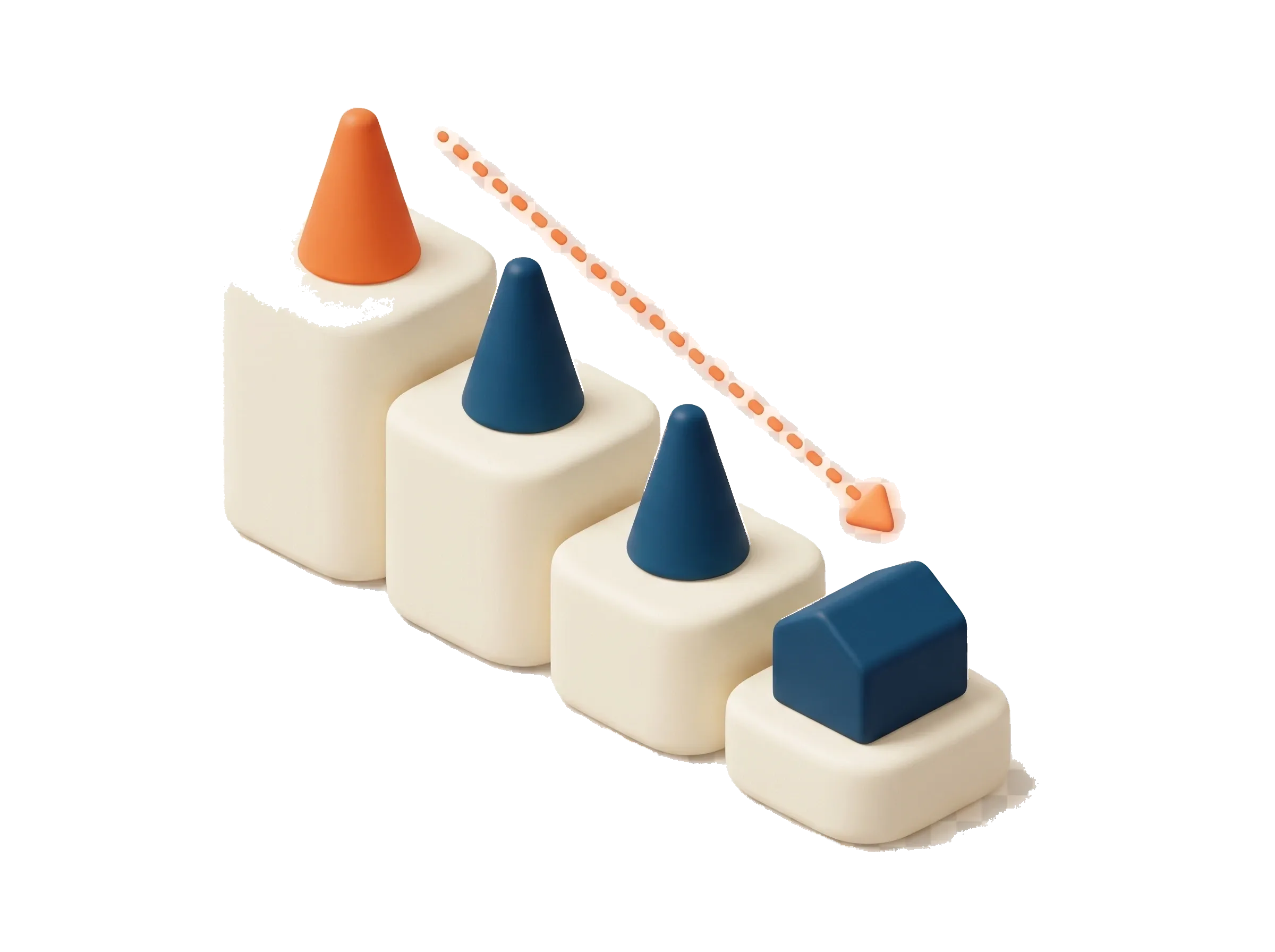 A stepped ramp descending from an orange marker cone to a finished townhouse, showing how development risk falls as a project moves through its stages