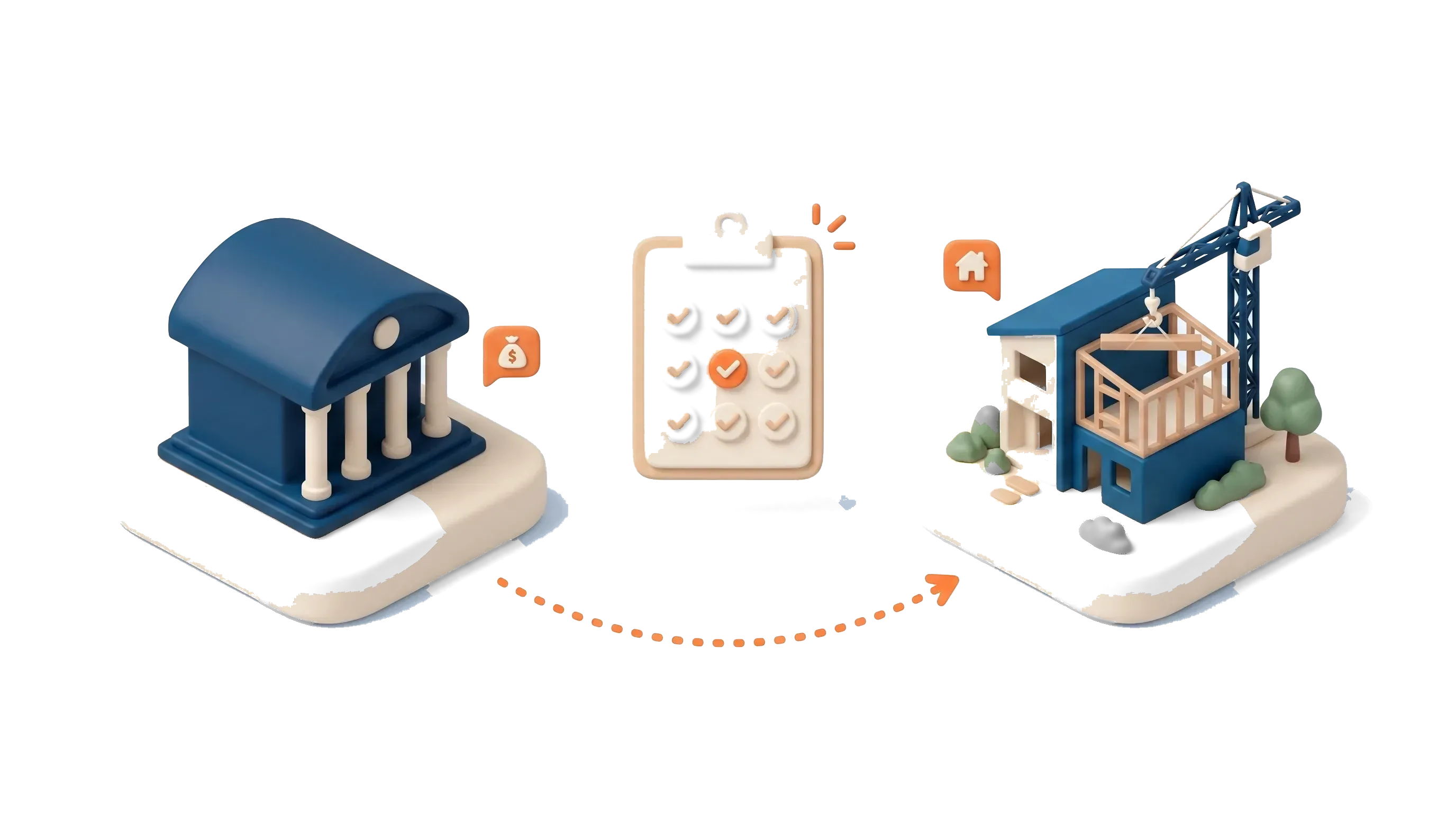 Isometric scene of a bank, a development site and a lender's checklist, illustrating property development funding