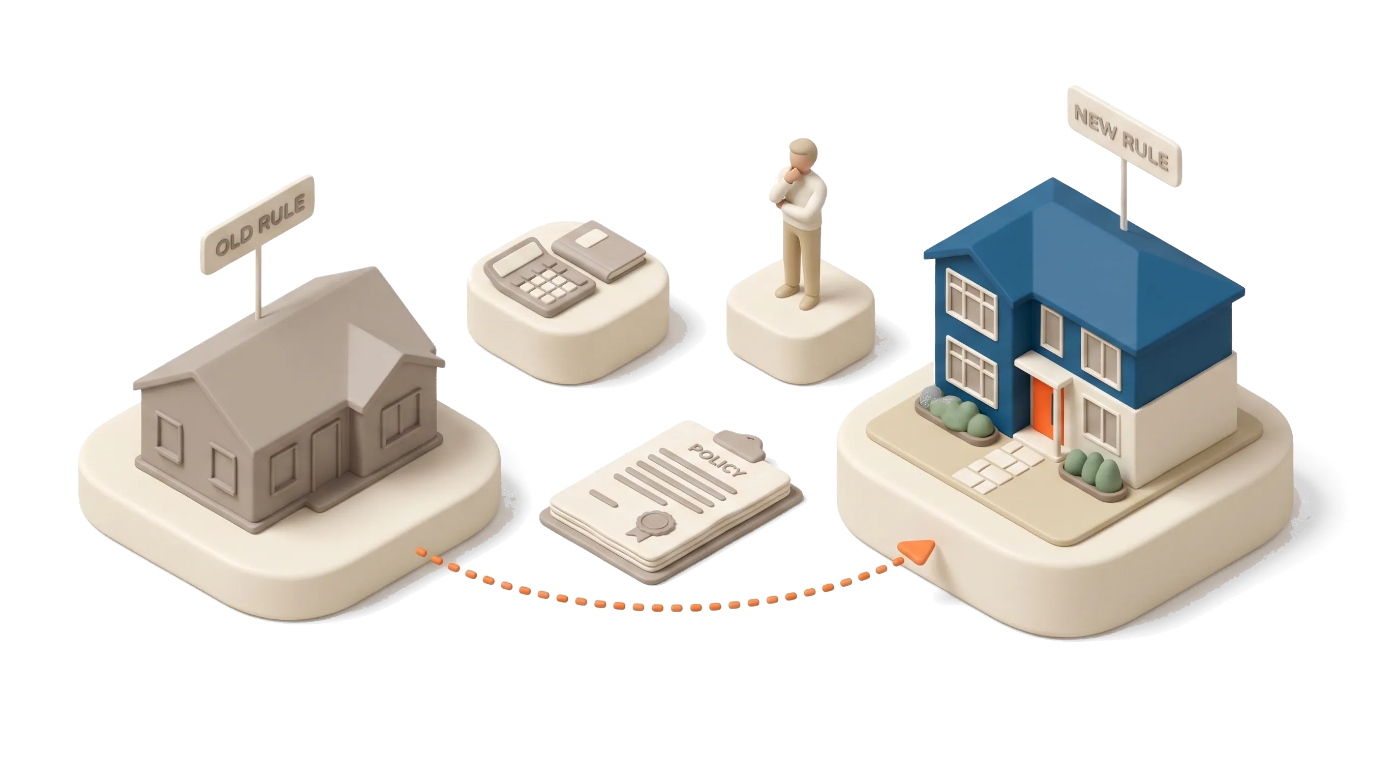 Negative gearing changes: a dull older dwelling under an old rule tag beside a brand new townhouse under a new rule tag, with the policy document between them