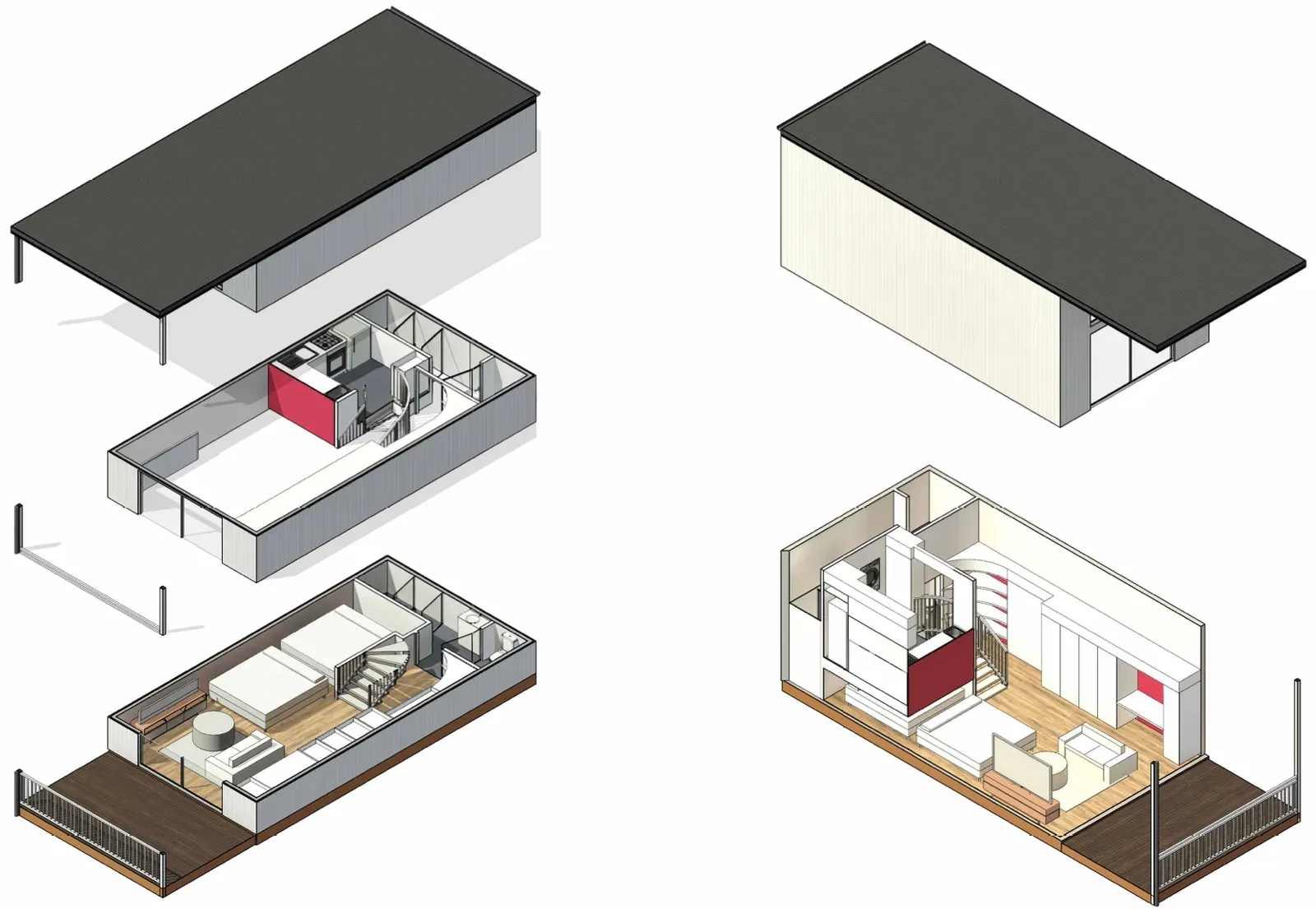 Exploded isometric views of the micro apartment showing the roof, the raised kitchen level with a red feature face, and the furnished living level with deck