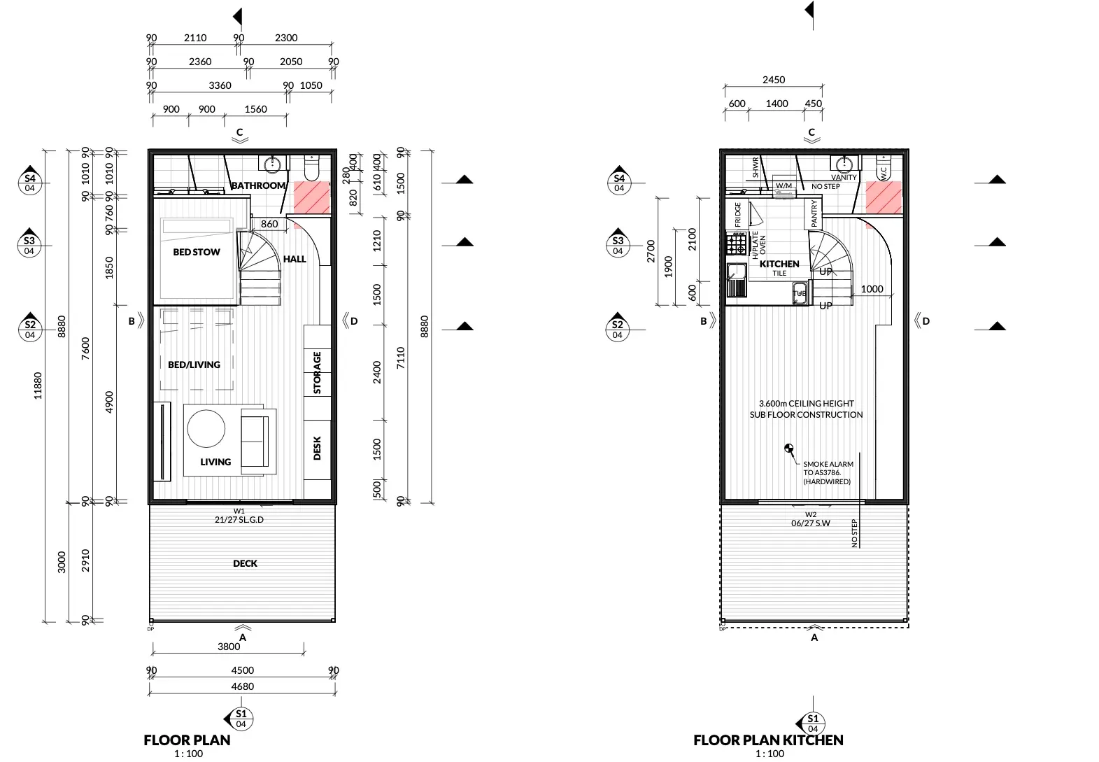 Architect floor plans of the micro apartment: the living level with bed stow, bed and living zone, storage, desk and deck, and the raised kitchen level above it