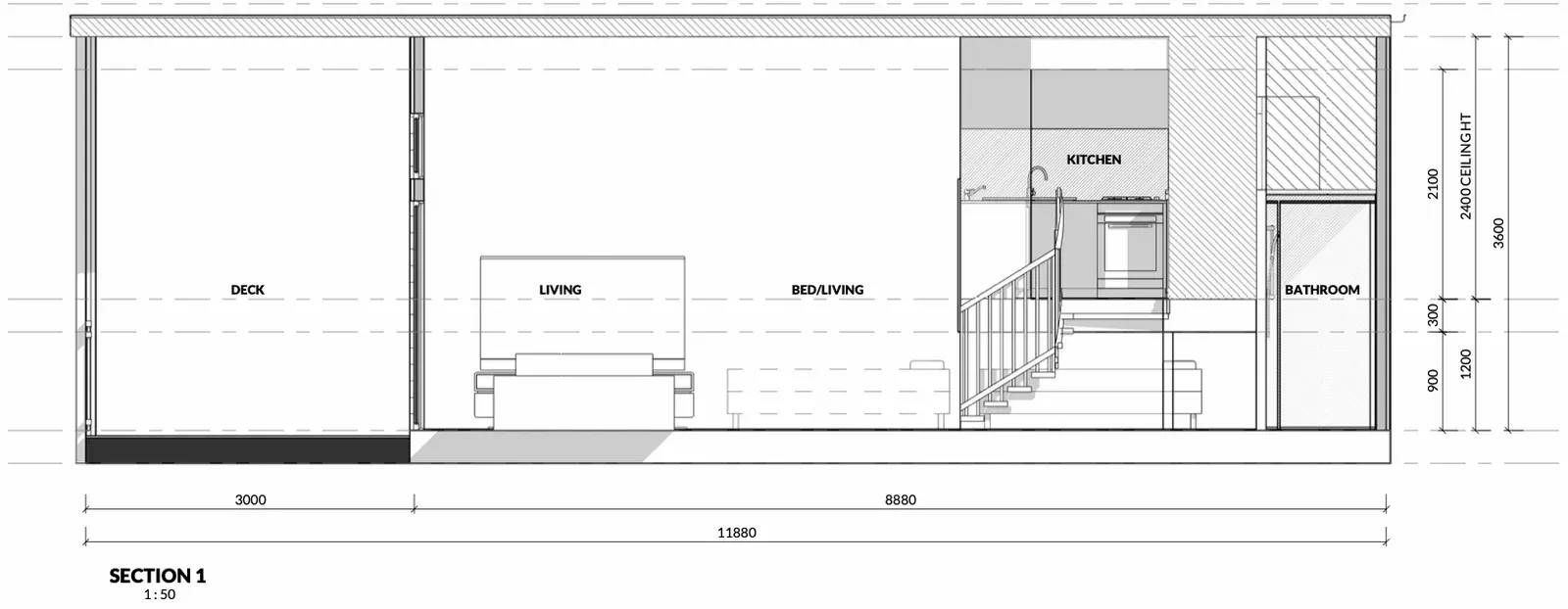 Long cross section through the micro apartment showing the deck, living area, raised kitchen platform with stair, and bathroom