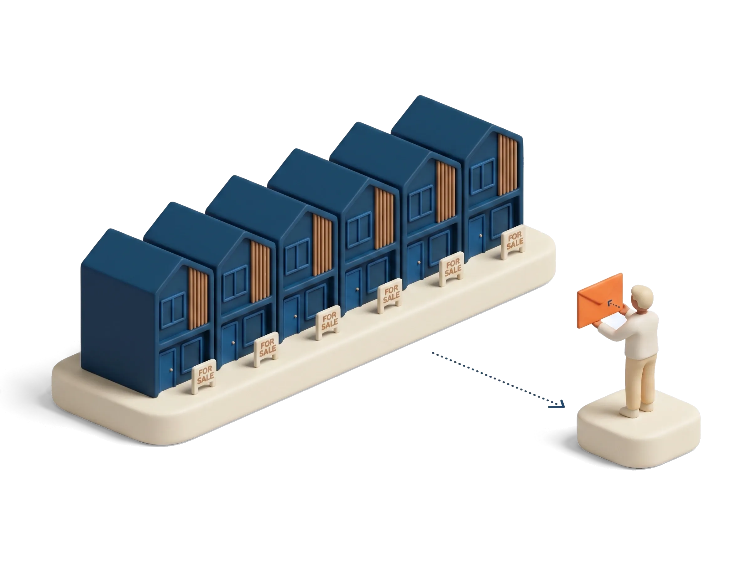 Buyer's market Australia 2026 shown as a long row of for-sale townhouses on cream pedestals facing a single small buyer figurine with an orange offer envelope