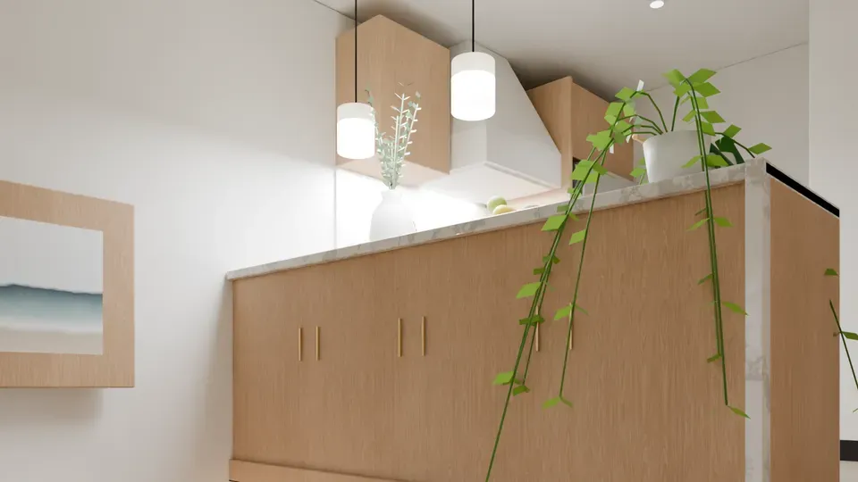 Styled render of the marble kitchen counter on honey oak joinery, with linen pendant lights above and a plant trailing over the edge