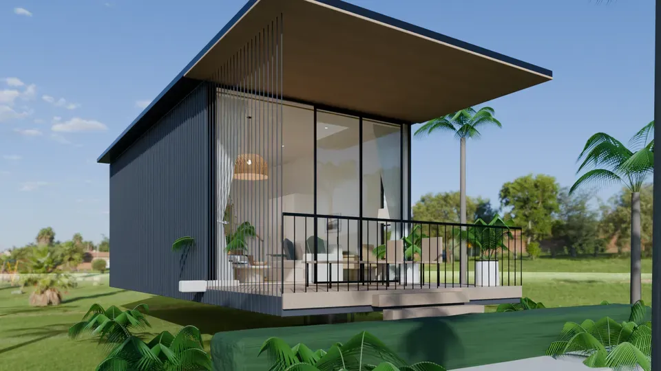 Styled render of the micro apartment exterior with palms, the covered deck and glass doors