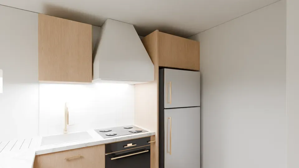 Styled render of the kitchen on its platform: a sink, a hotplate over the oven and a full-height fridge along one wall, under a white rangehood and oak cupboards