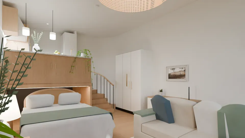 Styled render of the living area: a linen sofa with green and blue cushions, the bed rolled out under the kitchen platform, and the curved stair beside a white wardrobe
