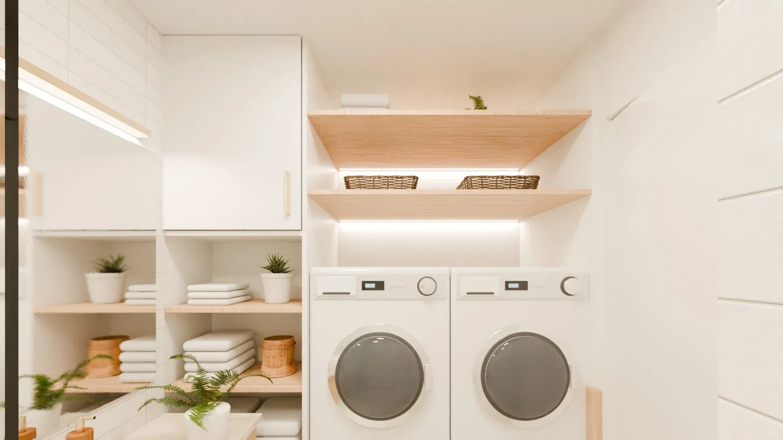 Render of the bathroom on the raised floor: a vanity with a fern and a brass LED over the mirror, shelves of folded white towels, and the washer and dryer under oak shelves lit by LED strips at the back
