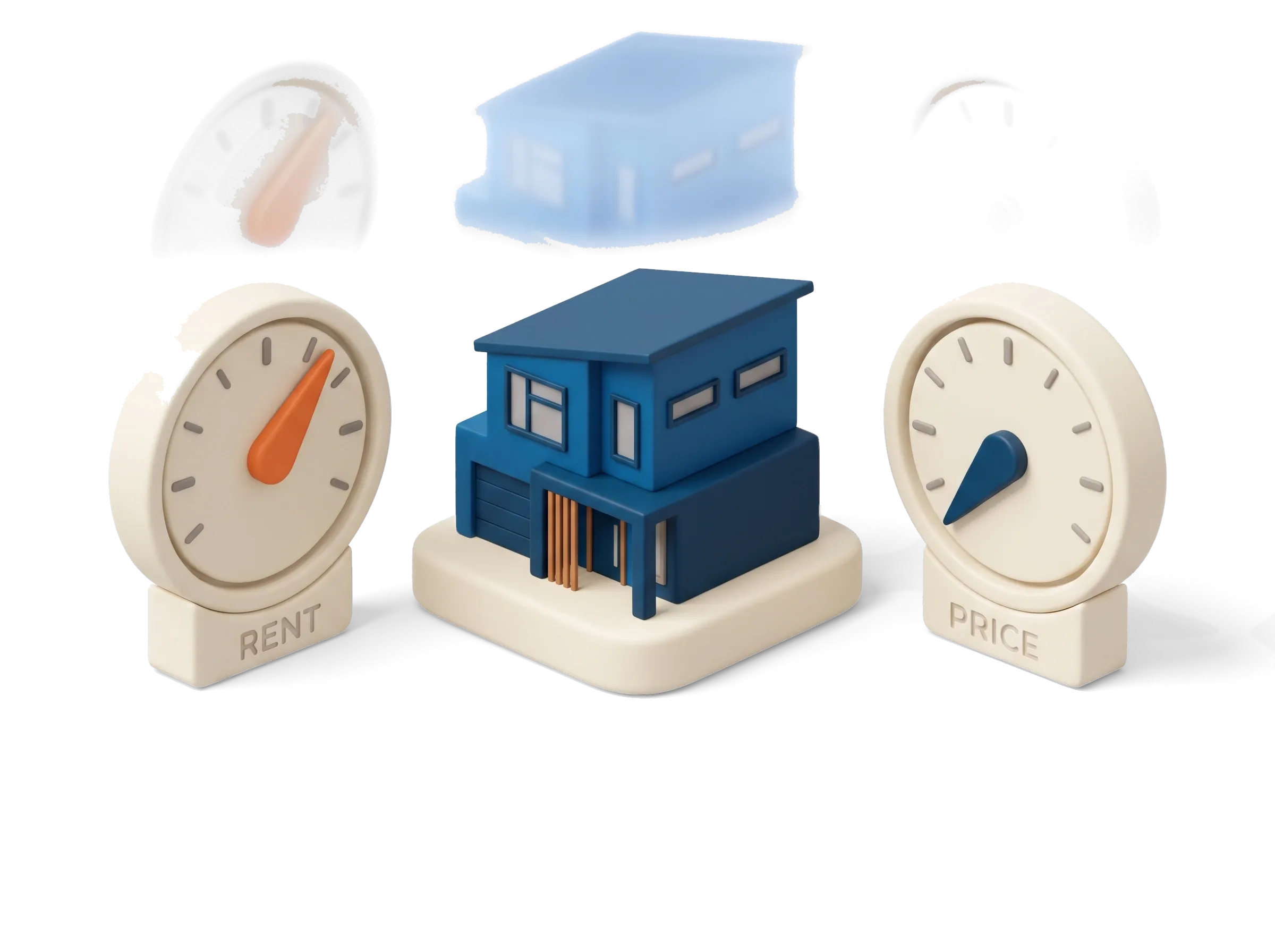 Rents rising while house prices fall shown as a townhouse between two gauges, an orange rent needle climbing and a navy price needle dropping