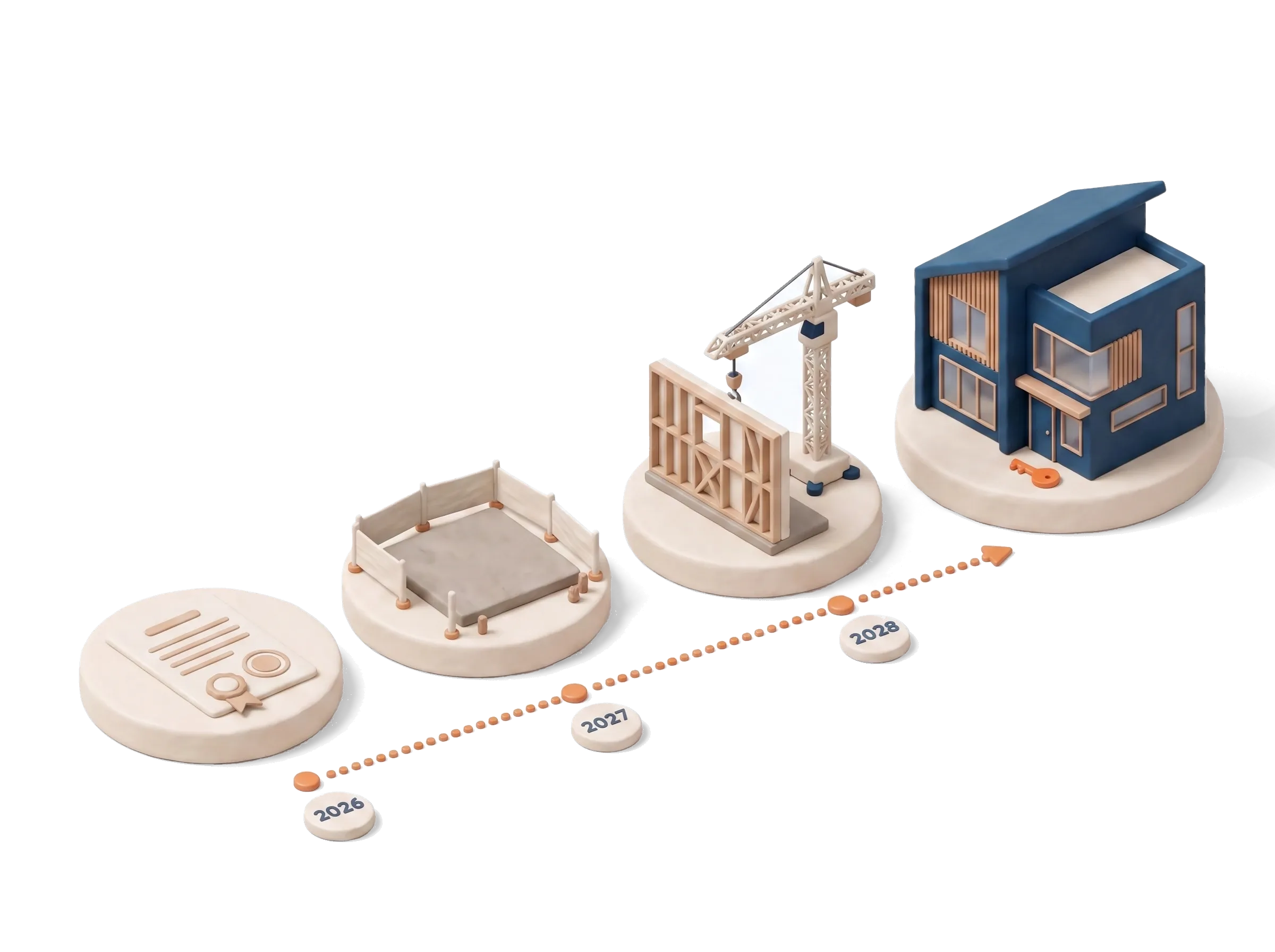 A dotted orange path from an approval stamp on the first pedestal, past a crane and a framed shell, to a finished townhouse with keys on the last pedestal