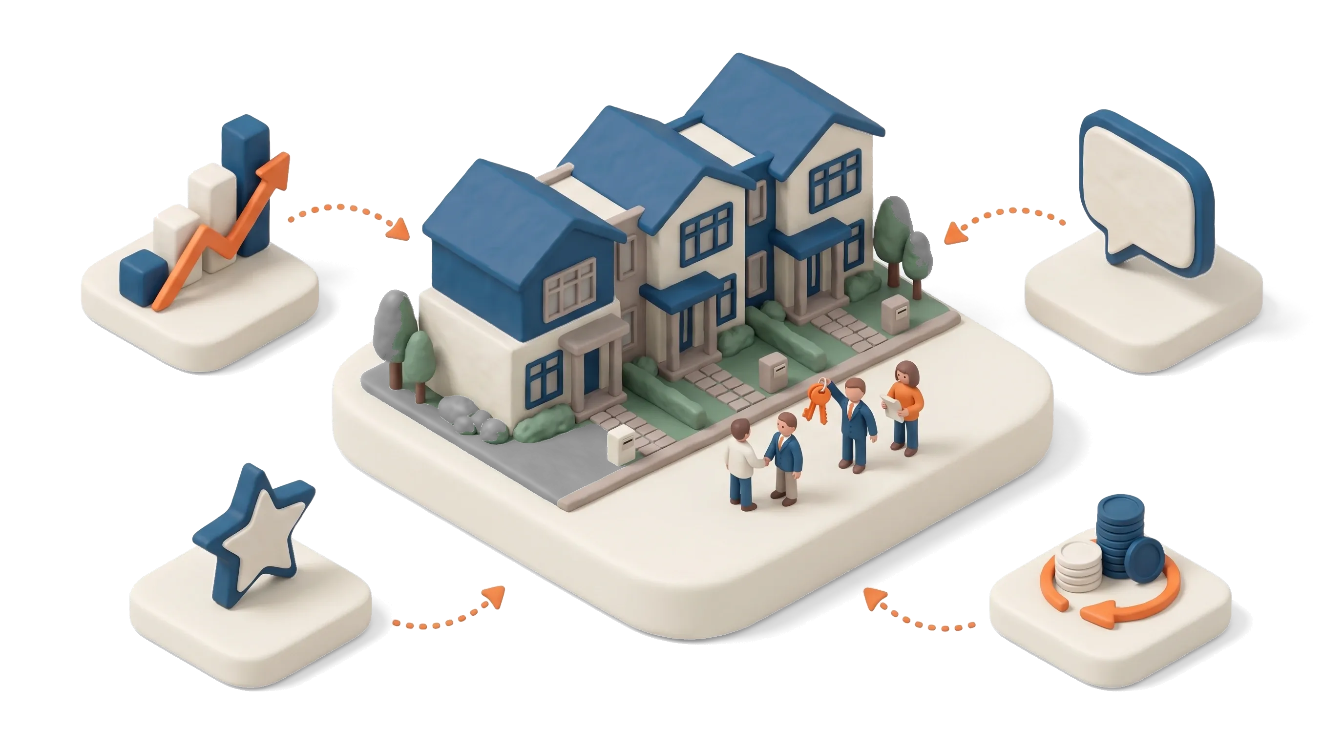 Repeat property investors outside a row of completed townhouses, one holding keys, with a rising chart, a review star and returning capital around them