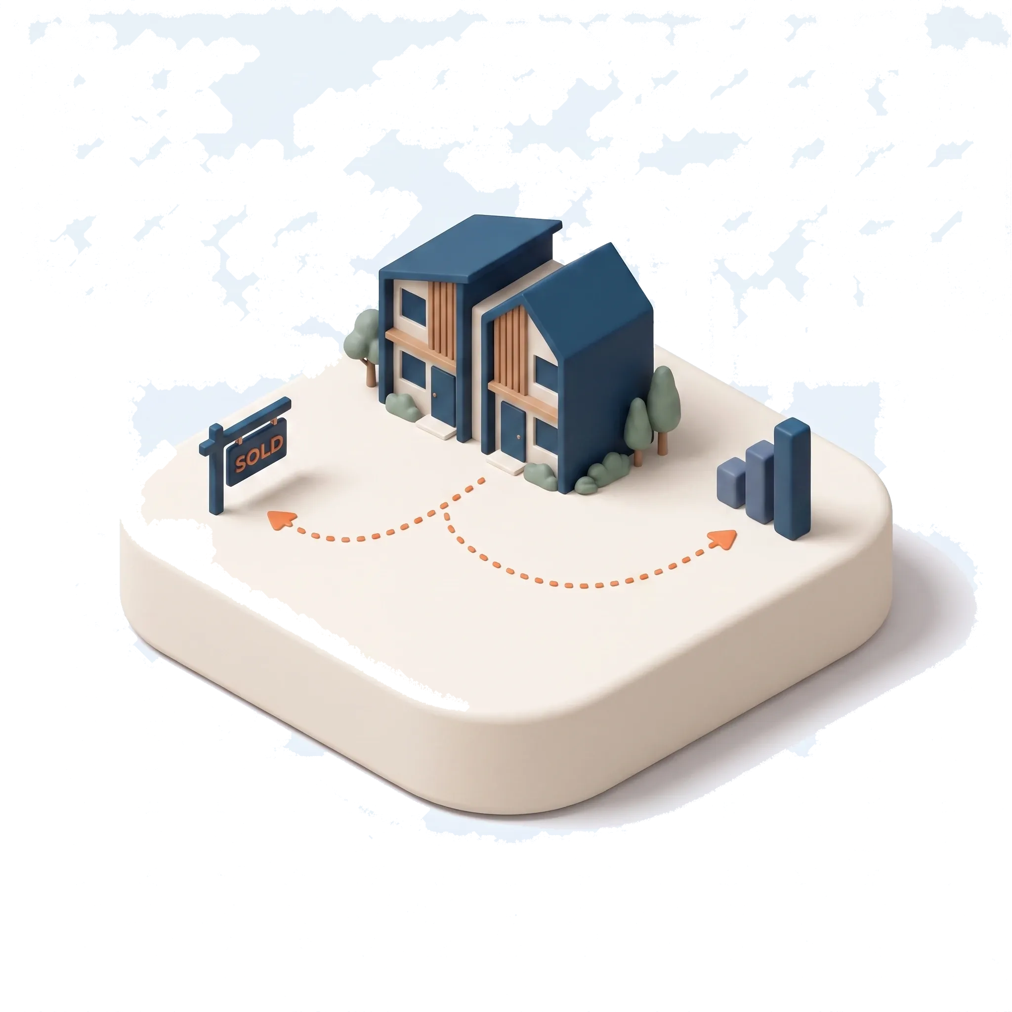 A clay navy house on a cream pedestal with a dotted orange arrow forking two ways, one to a SOLD sign and one to a rising bar chart, showing the sell or hold decision