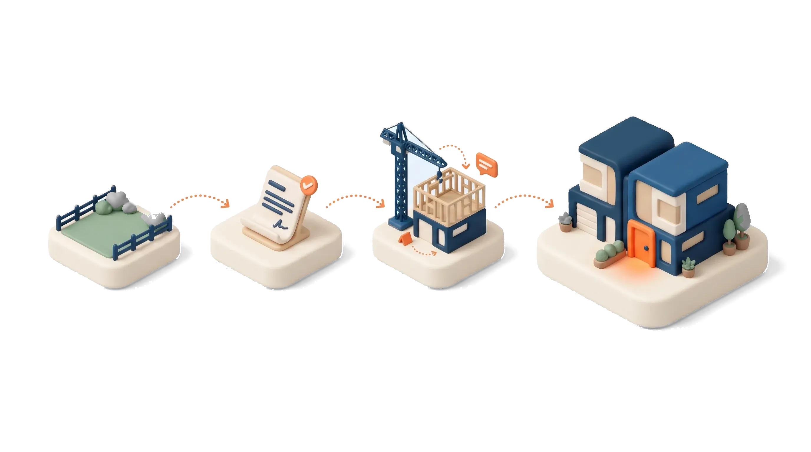 Isometric illustration of a small residential development progressing from an empty block to a finished townhouse pair