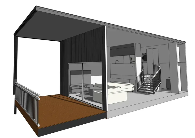 Grey sketch model of the micro apartment from the deck, cut away to show the living area, stair and kitchen platform