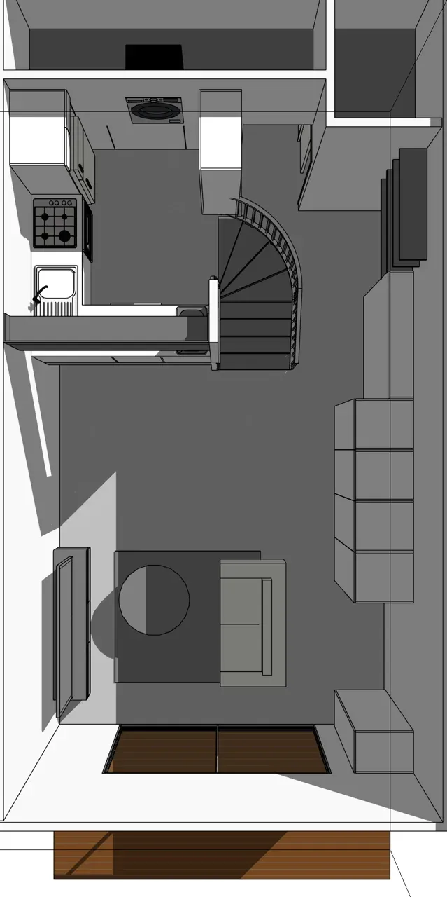 Top-down view of the sketch model showing the kitchen, curved stair, storage wall, living area and deck